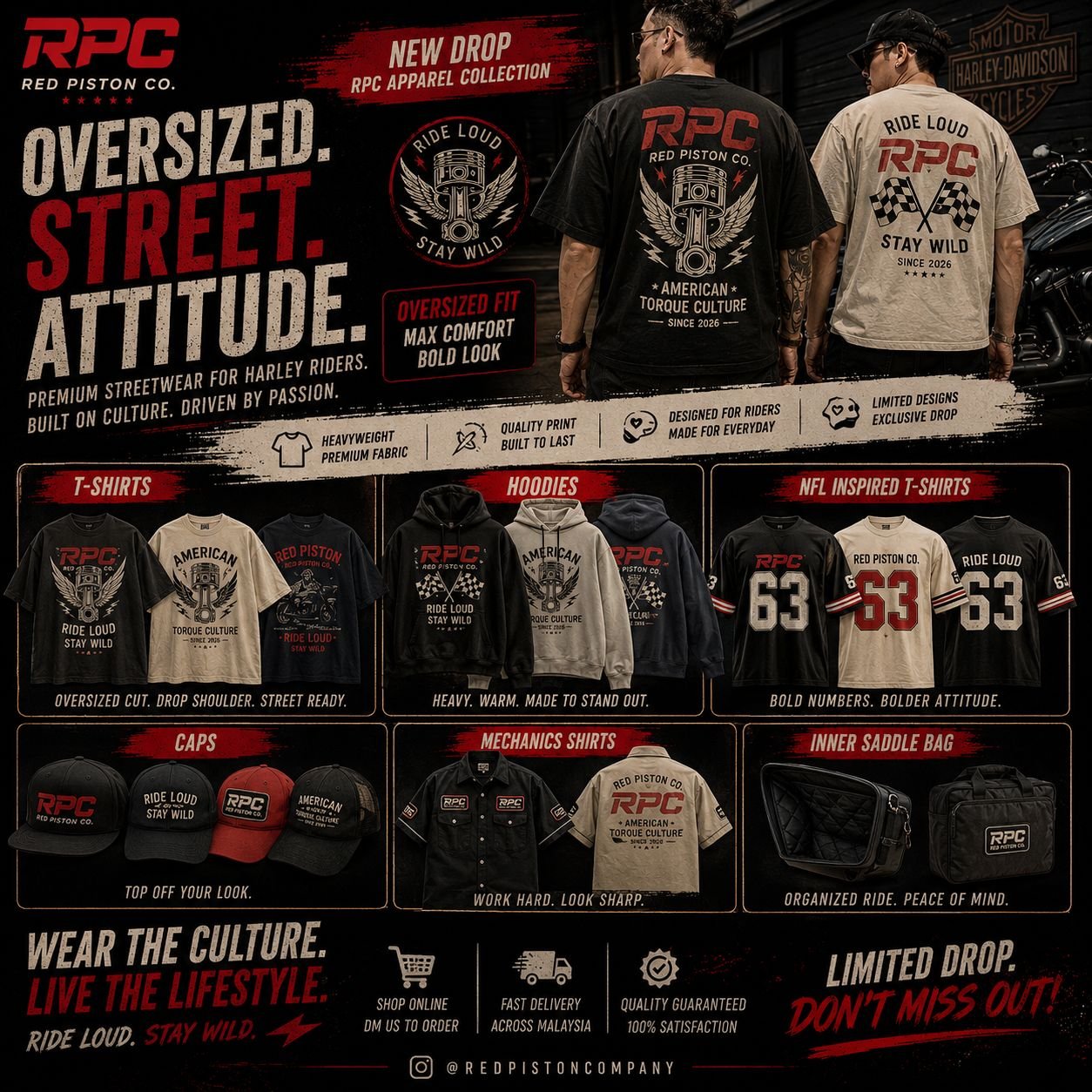 RPC Apparel Collection — T-shirts, hoodies, caps, mechanics shirts and saddle bags